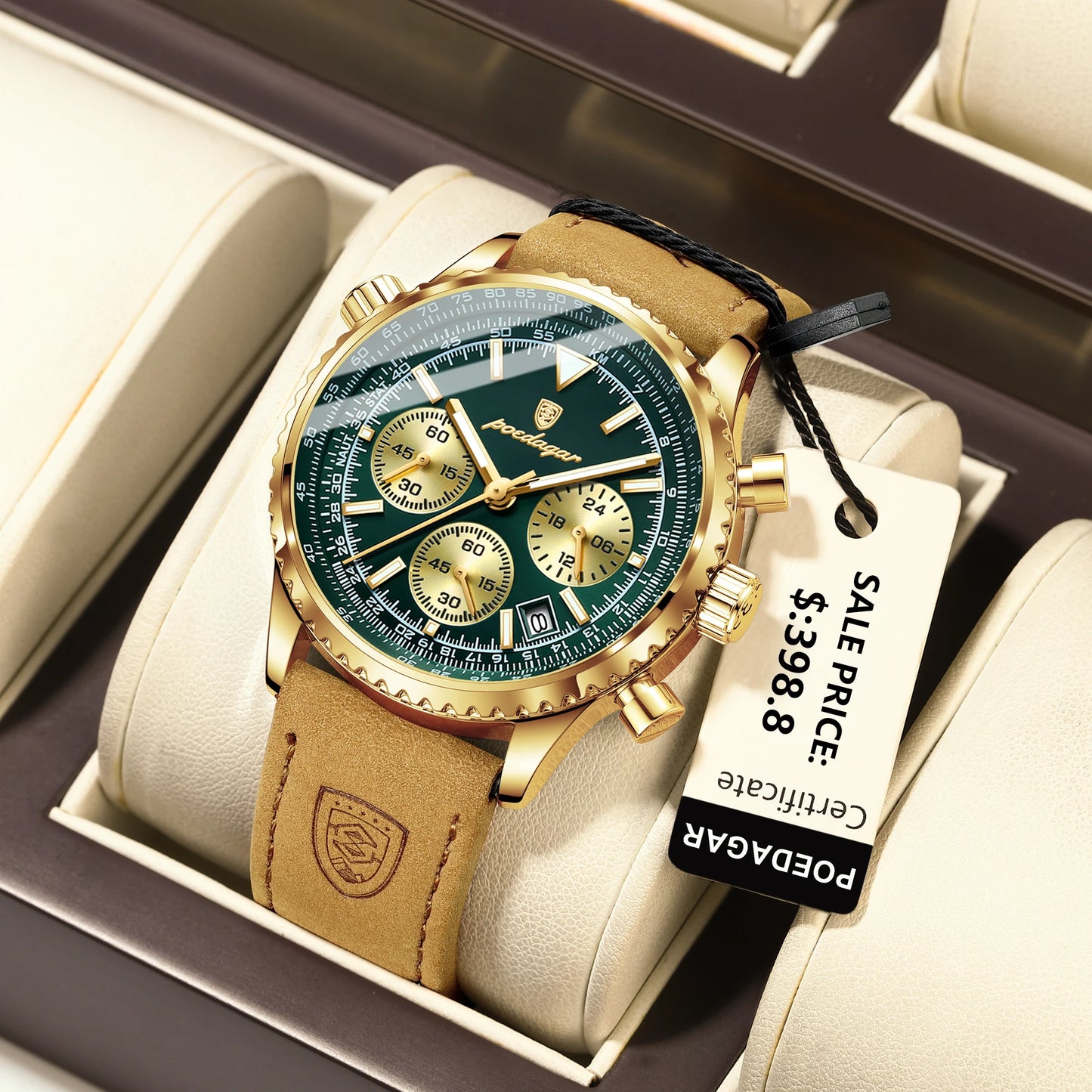 POEDAGAR Luxury Men’s Watch – Military Style, Quartz, Waterproof, Luminous, Date & Chronograph, Leather