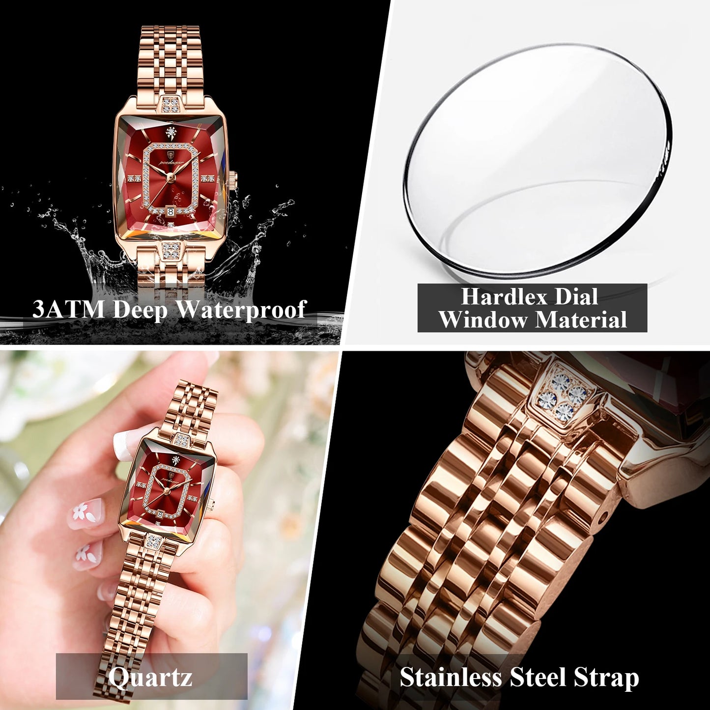 POEDAGAR Elegant Women Watch Waterproof Rectangle Quartz Stainless Steel Date Ladies Reloj