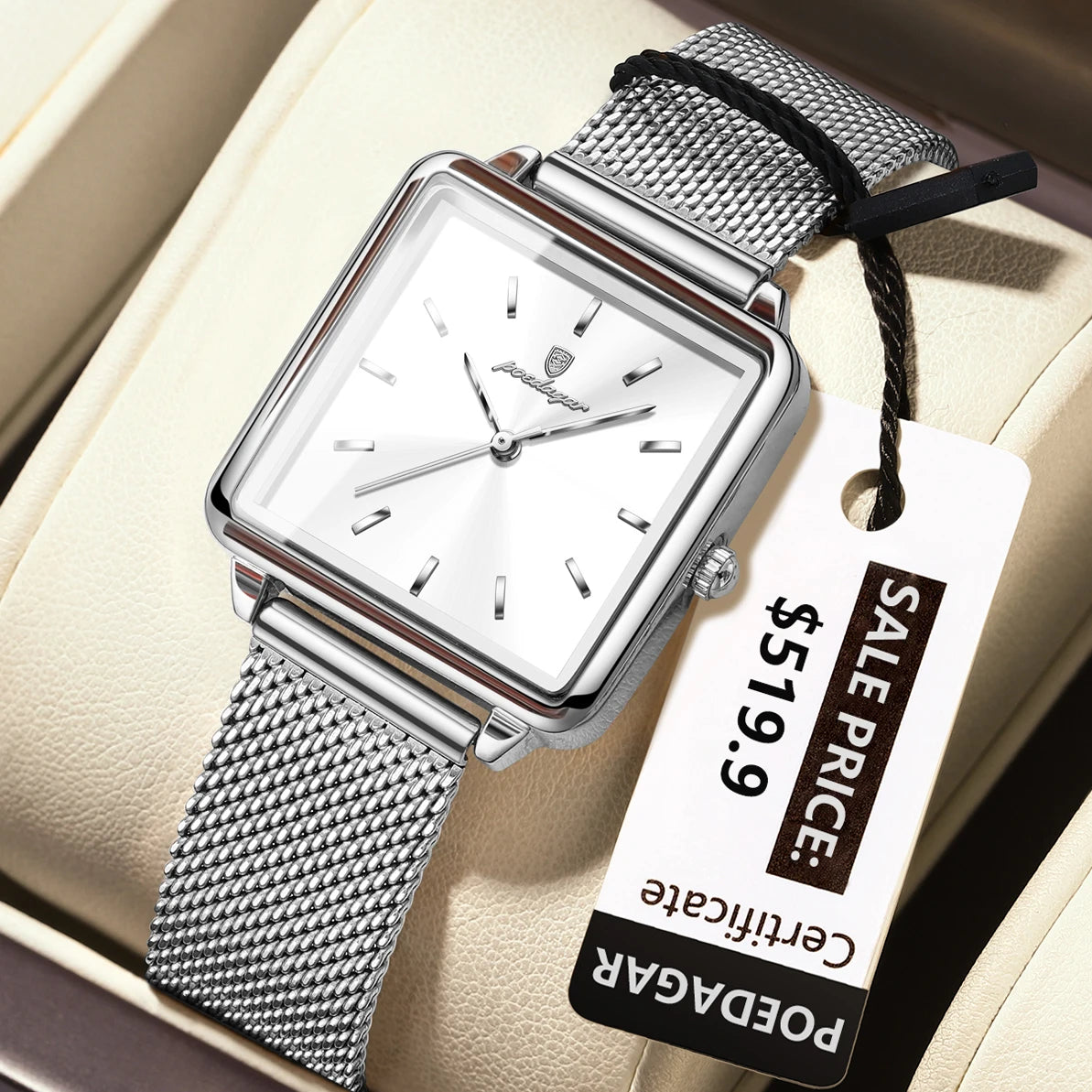 POEDAGAR Elegant Square Women Watch – Waterproof Mesh Stainless Steel Quartz reloj + Box