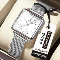 POEDAGAR Elegant Square Women Watch – Waterproof Mesh Stainless Steel Quartz reloj + Box