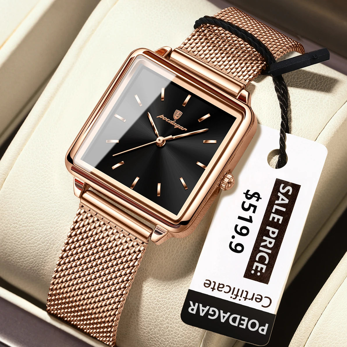 POEDAGAR Elegant Square Women Watch – Waterproof Mesh Stainless Steel Quartz reloj + Box