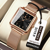 POEDAGAR Elegant Square Women Watch – Waterproof Mesh Stainless Steel Quartz reloj + Box