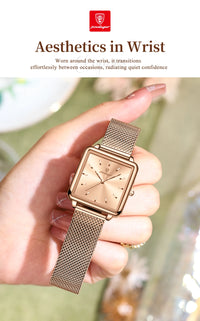 POEDAGAR Elegant Square Women Watch – Waterproof Mesh Stainless Steel Quartz reloj + Box