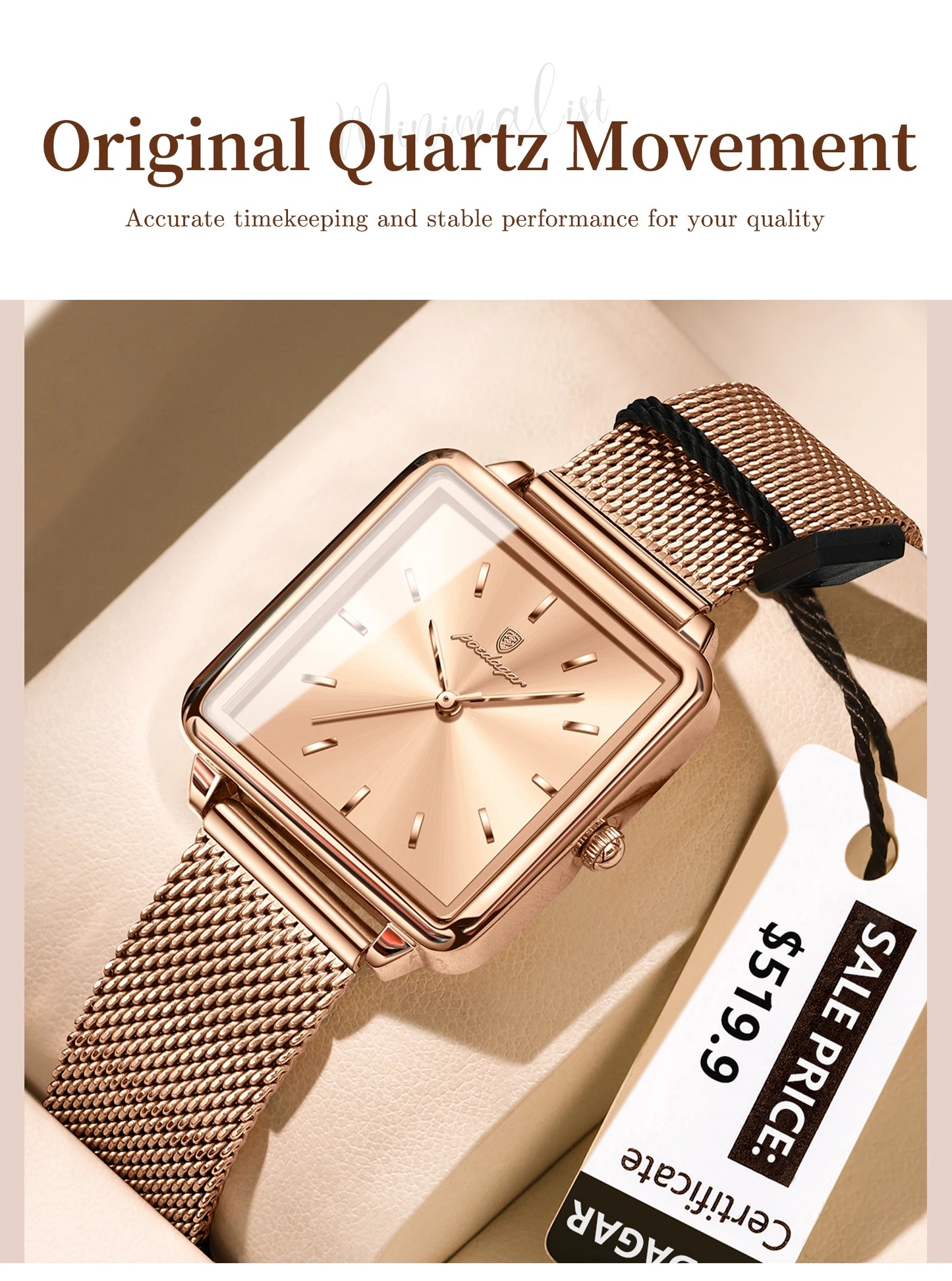 POEDAGAR Elegant Square Women Watch – Waterproof Mesh Stainless Steel Quartz reloj + Box