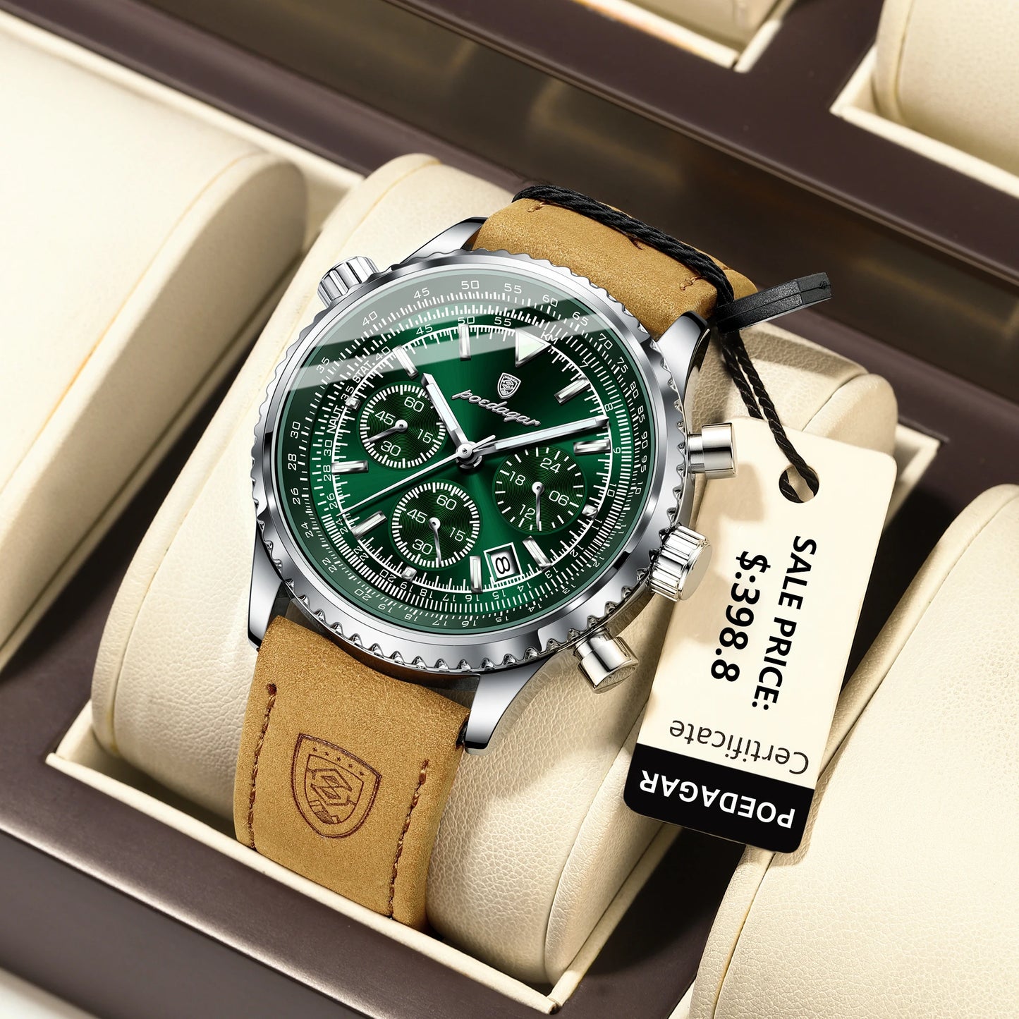 POEDAGAR Luxury Men’s Watch – Military Style, Quartz, Waterproof, Luminous, Date & Chronograph, Leather