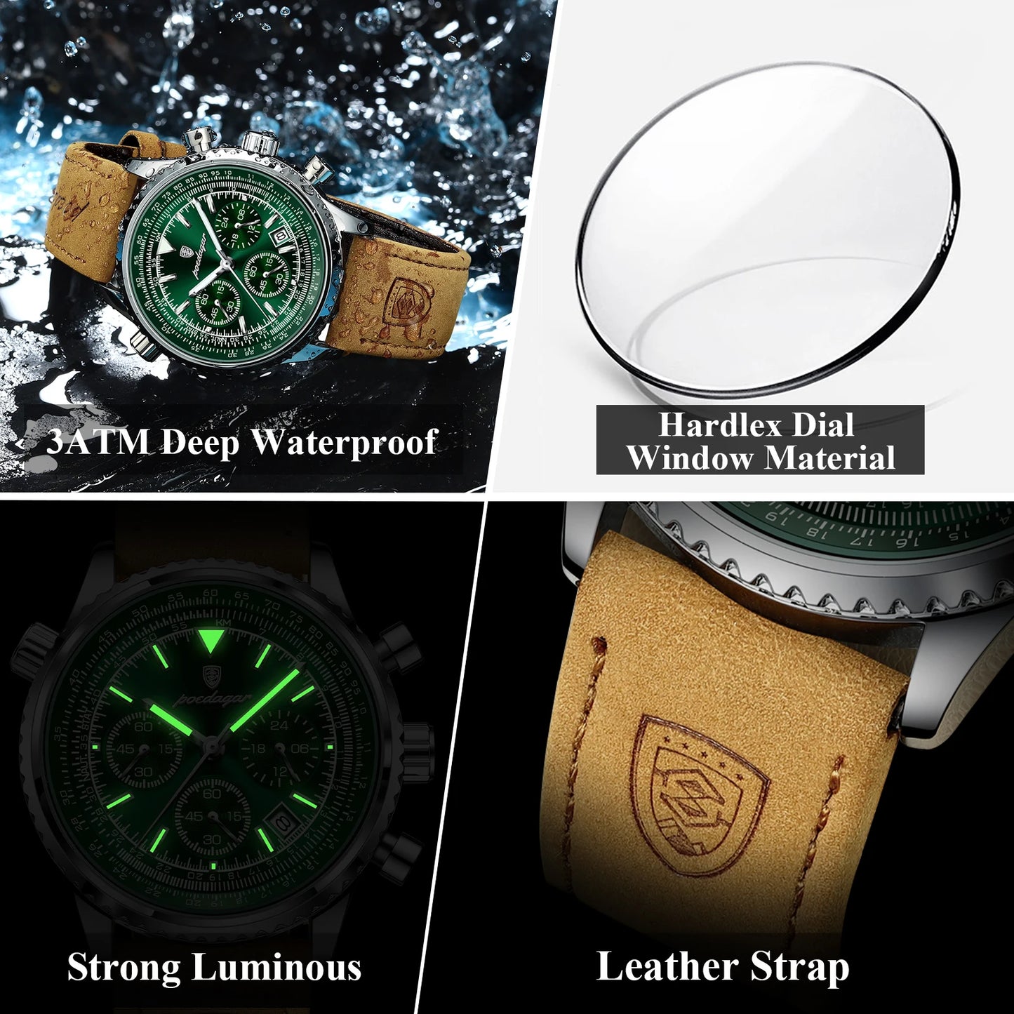 POEDAGAR Luxury Men’s Watch – Military Style, Quartz, Waterproof, Luminous, Date & Chronograph, Leather