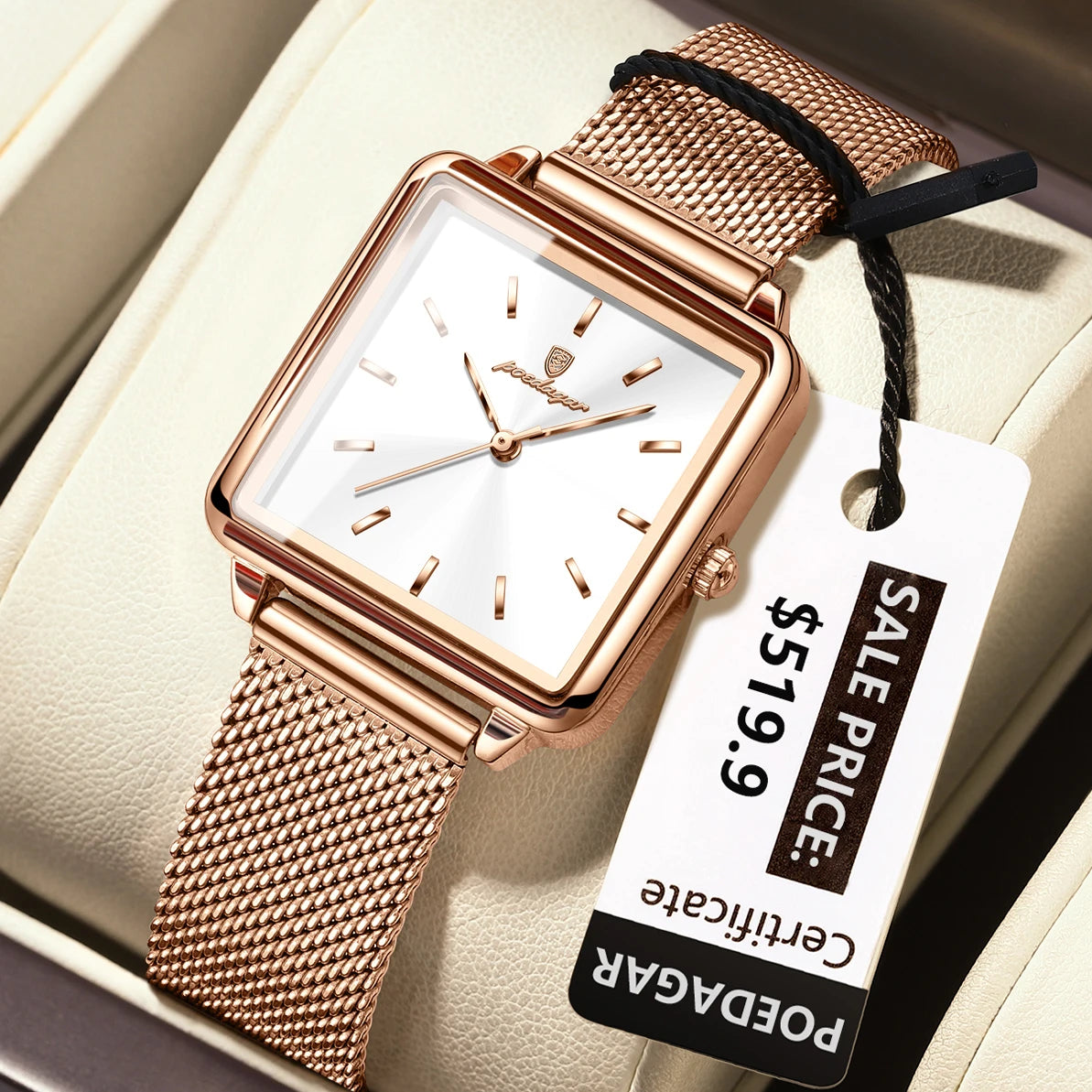 POEDAGAR Elegant Square Women Watch – Waterproof Mesh Stainless Steel Quartz reloj + Box
