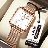 POEDAGAR Elegant Square Women Watch – Waterproof Mesh Stainless Steel Quartz reloj + Box