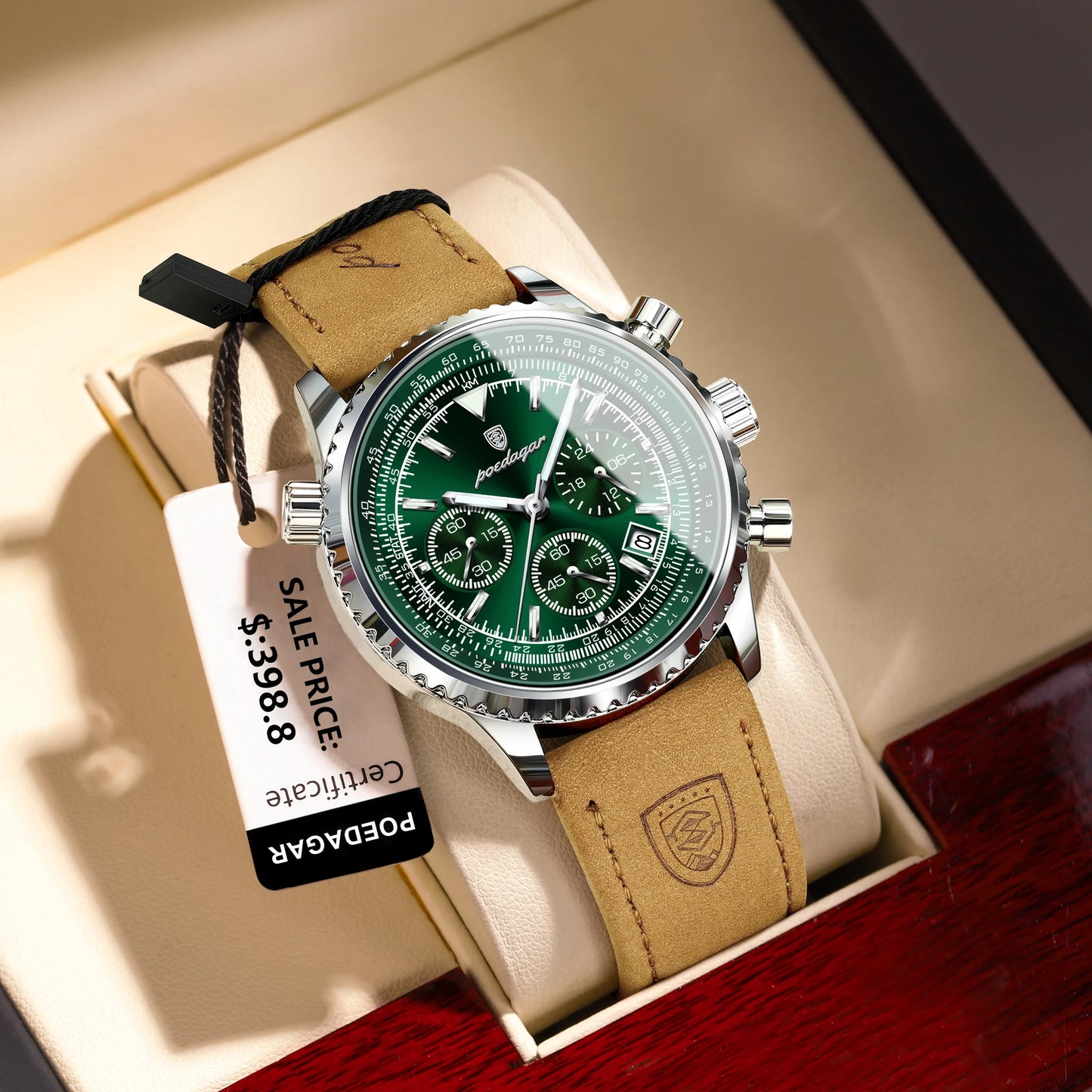 POEDAGAR Luxury Men’s Watch – Military Style, Quartz, Waterproof, Luminous, Date & Chronograph, Leather