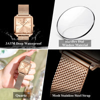 POEDAGAR Elegant Square Women Watch – Waterproof Mesh Stainless Steel Quartz reloj + Box
