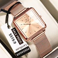 POEDAGAR Elegant Square Women Watch – Waterproof Mesh Stainless Steel Quartz reloj + Box