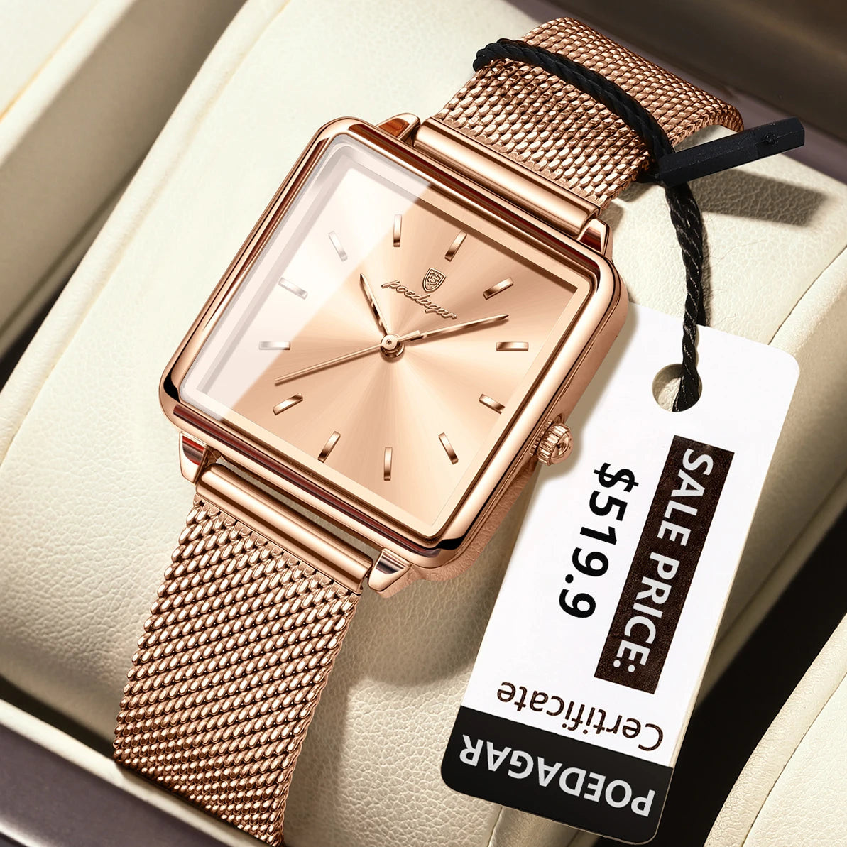 POEDAGAR Elegant Square Women Watch – Waterproof Mesh Stainless Steel Quartz reloj + Box