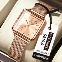 POEDAGAR Elegant Square Women Watch – Waterproof Mesh Stainless Steel Quartz reloj + Box