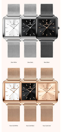 POEDAGAR Elegant Square Women Watch – Waterproof Mesh Stainless Steel Quartz reloj + Box