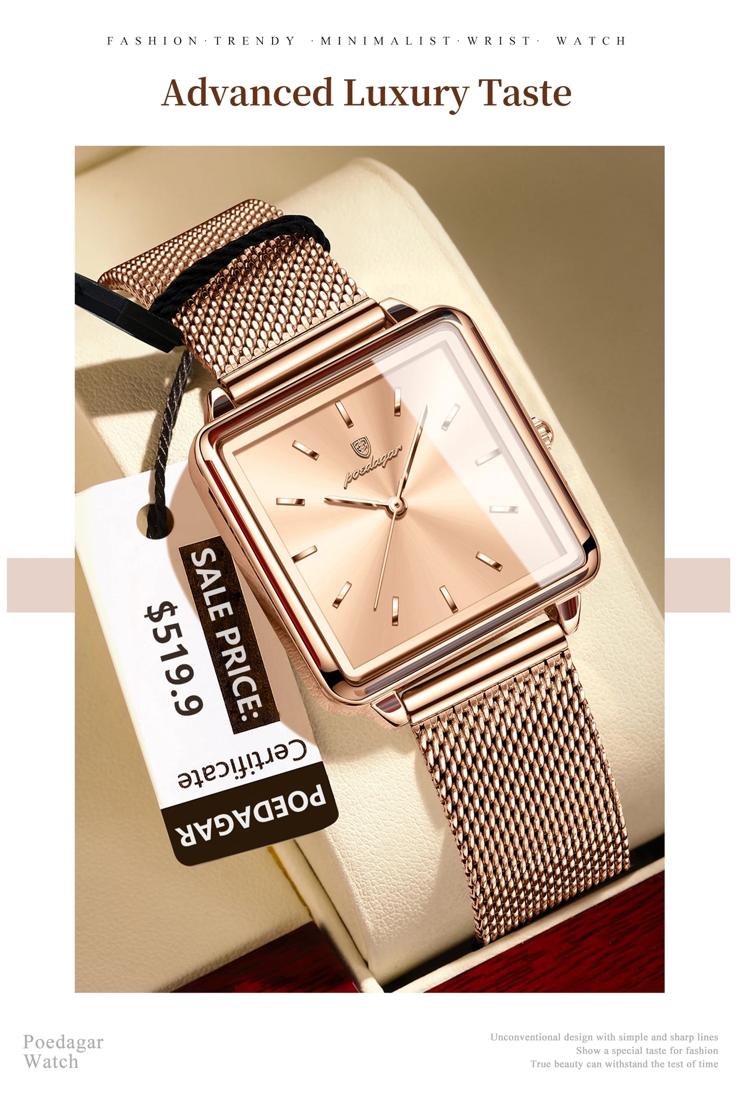 POEDAGAR Elegant Square Women Watch – Waterproof Mesh Stainless Steel Quartz reloj + Box