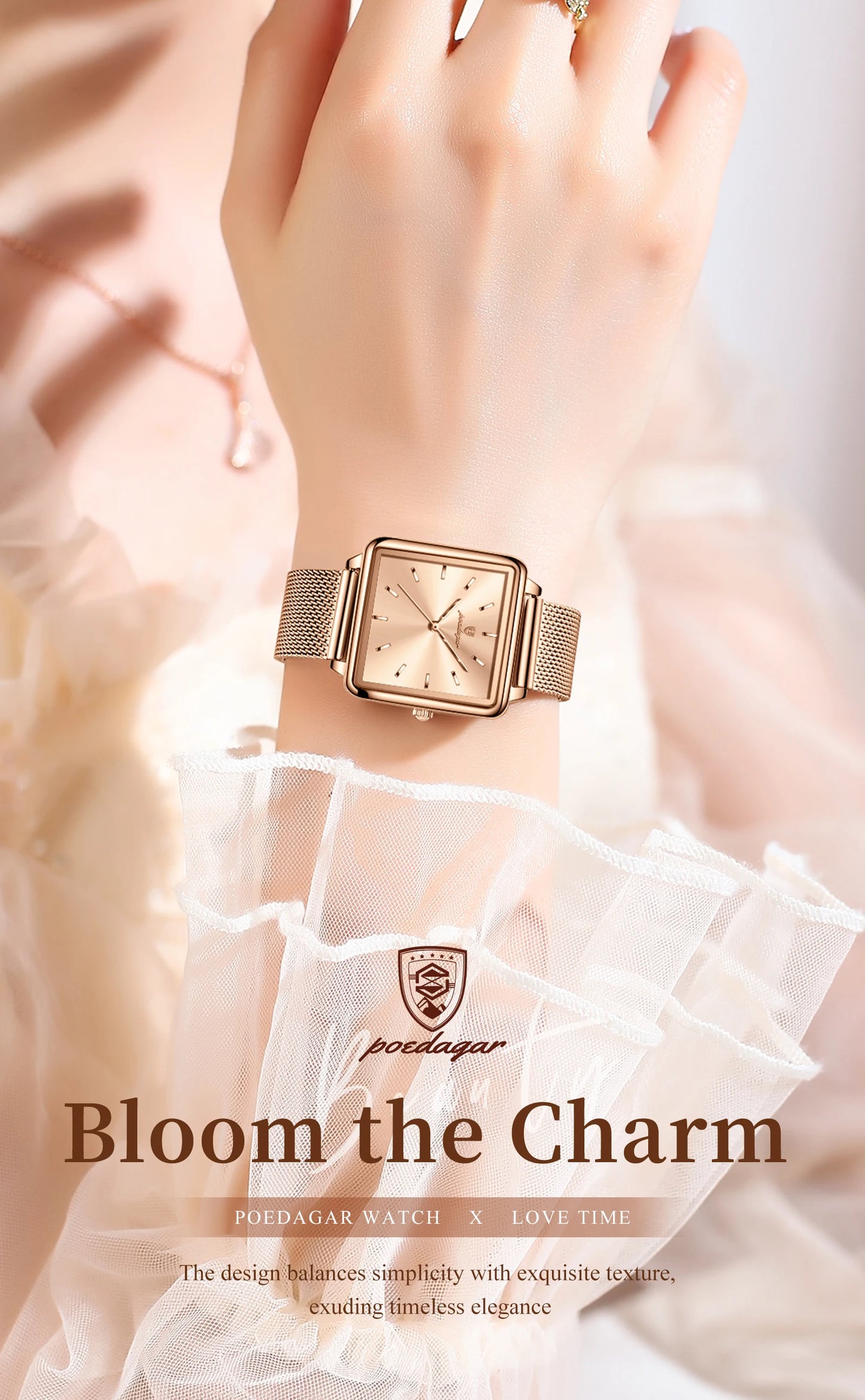 POEDAGAR Elegant Square Women Watch – Waterproof Mesh Stainless Steel Quartz reloj + Box