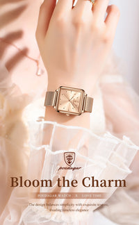 POEDAGAR Elegant Square Women Watch – Waterproof Mesh Stainless Steel Quartz reloj + Box
