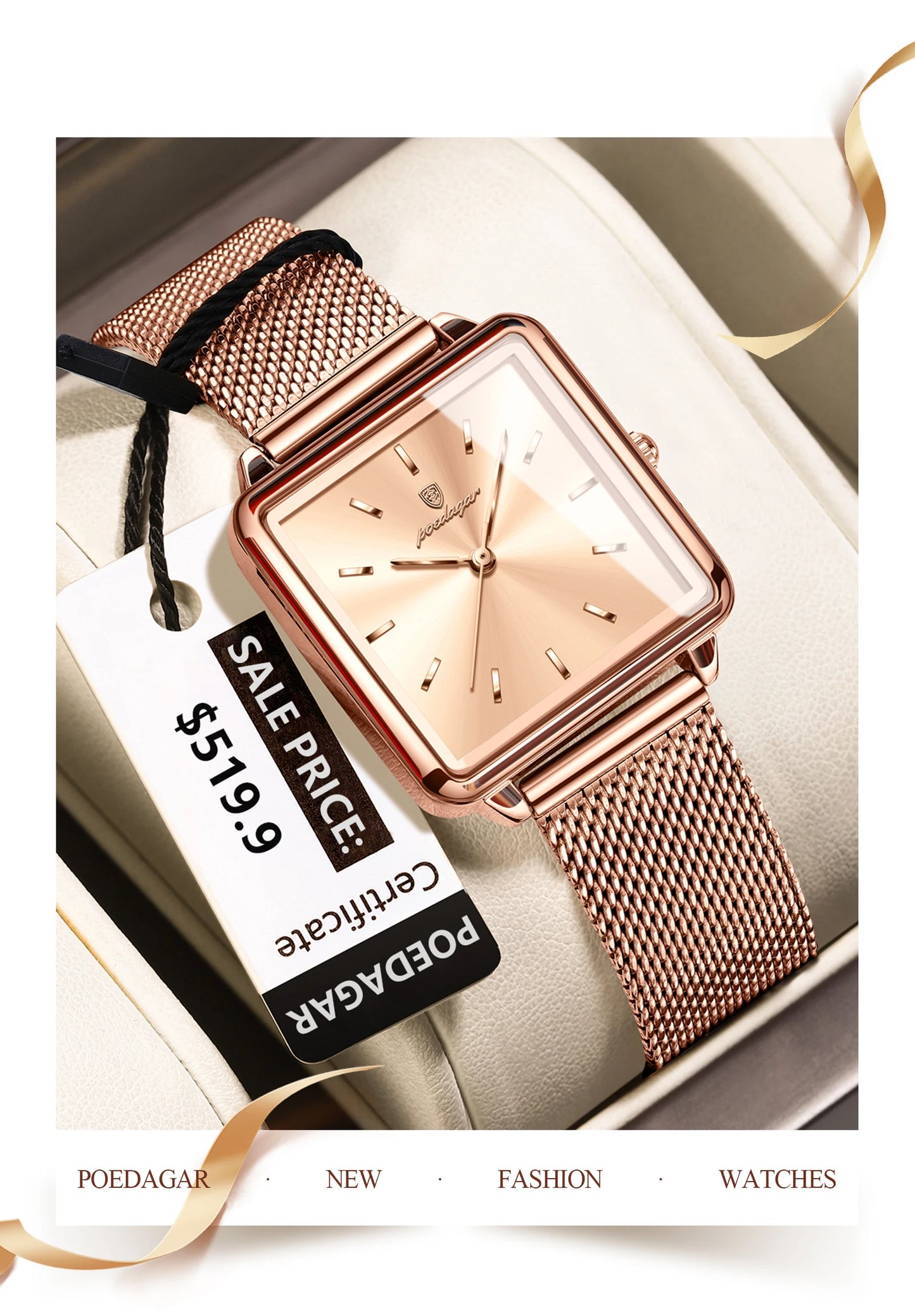 POEDAGAR Elegant Square Women Watch – Waterproof Mesh Stainless Steel Quartz reloj + Box