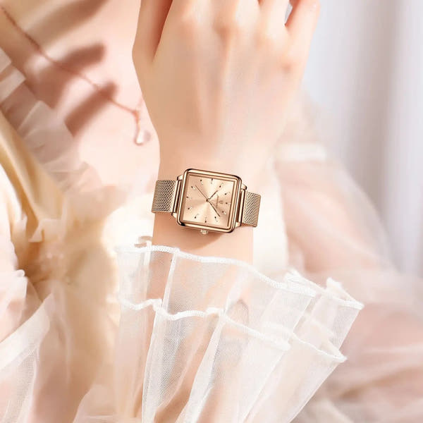 POEDAGAR Elegant Square Women Watch – Waterproof Mesh Stainless Steel Quartz reloj + Box