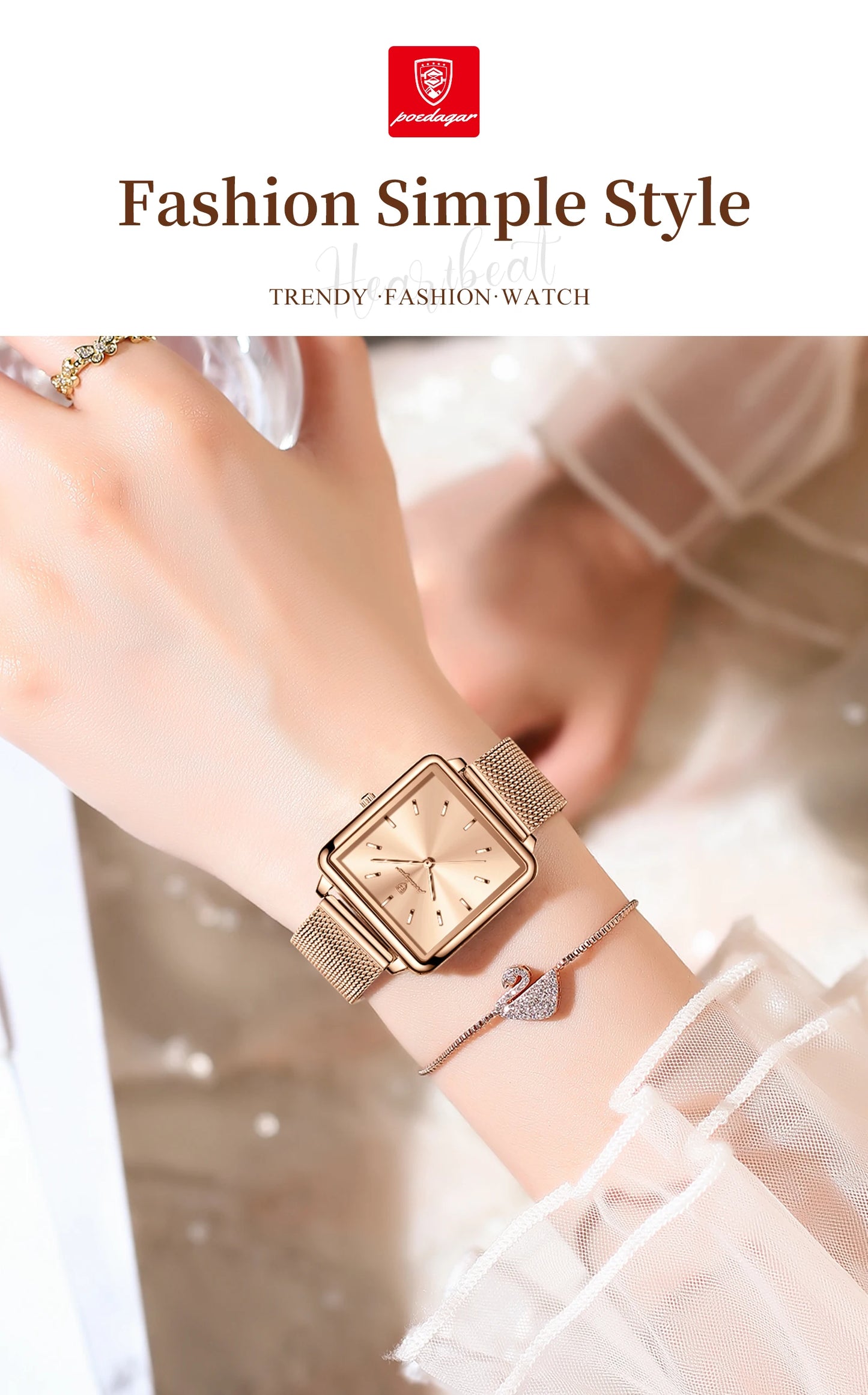 POEDAGAR Elegant Square Women Watch – Waterproof Mesh Stainless Steel Quartz reloj + Box