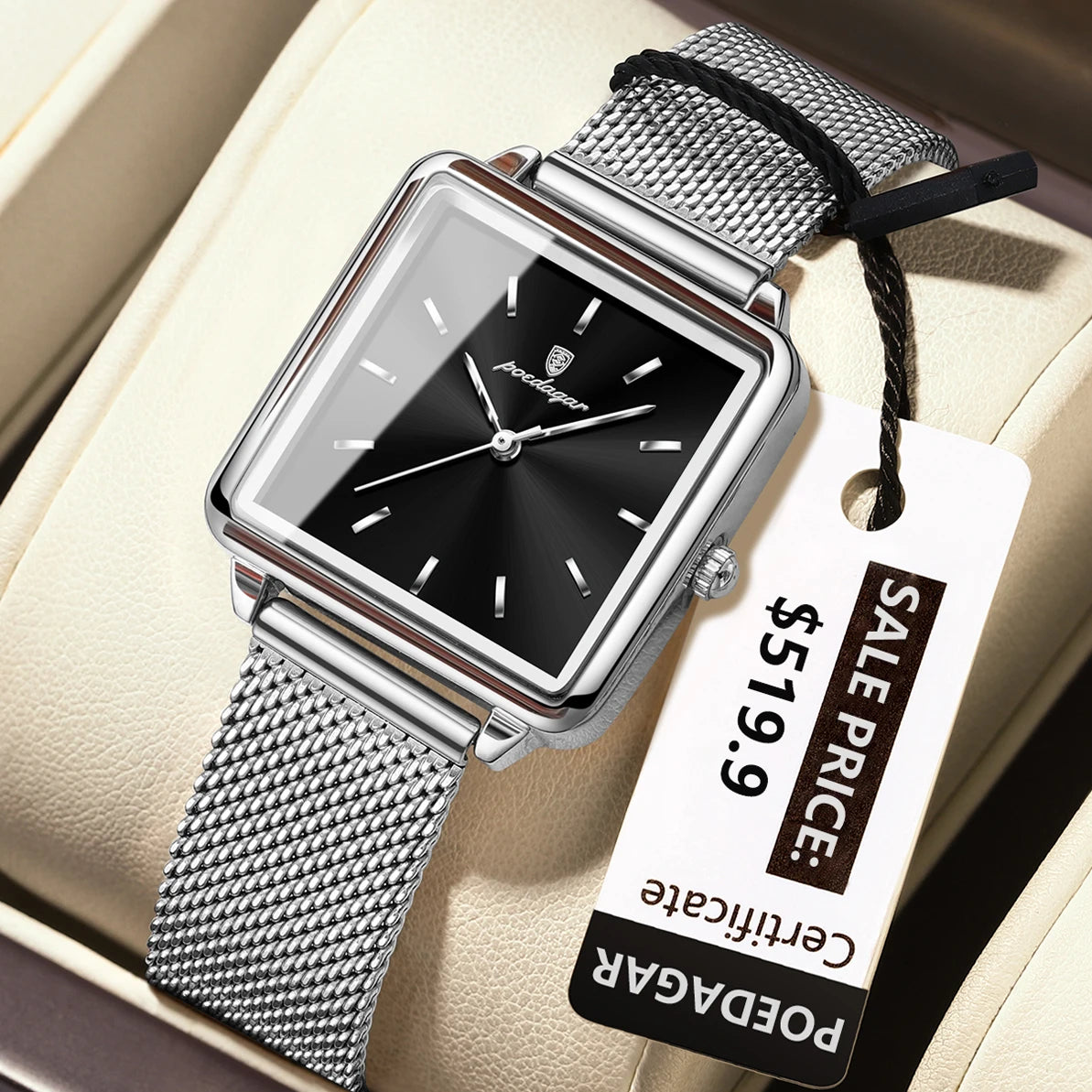 POEDAGAR Elegant Square Women Watch – Waterproof Mesh Stainless Steel Quartz reloj + Box