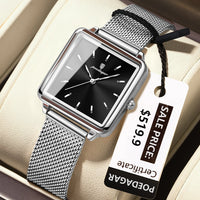 POEDAGAR Elegant Square Women Watch – Waterproof Mesh Stainless Steel Quartz reloj + Box
