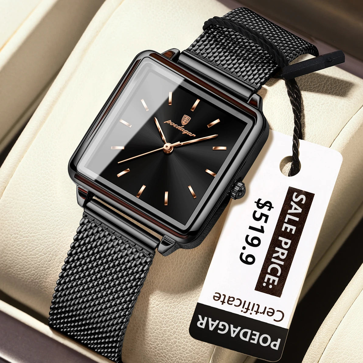 POEDAGAR Elegant Square Women Watch – Waterproof Mesh Stainless Steel Quartz reloj + Box