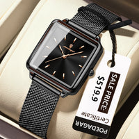 POEDAGAR Elegant Square Women Watch – Waterproof Mesh Stainless Steel Quartz reloj + Box