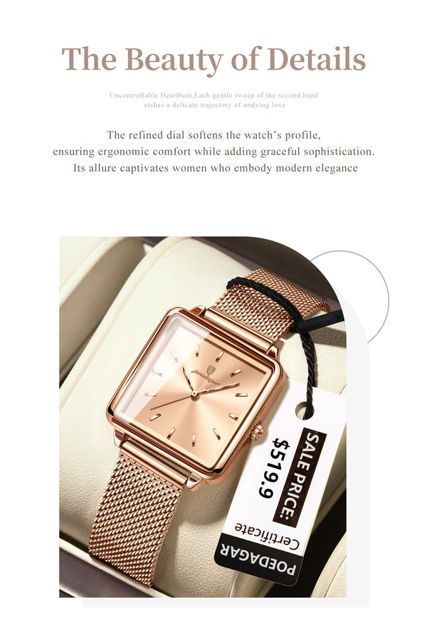 POEDAGAR Elegant Square Women Watch – Waterproof Mesh Stainless Steel Quartz reloj + Box