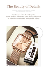 POEDAGAR Elegant Square Women Watch – Waterproof Mesh Stainless Steel Quartz reloj + Box