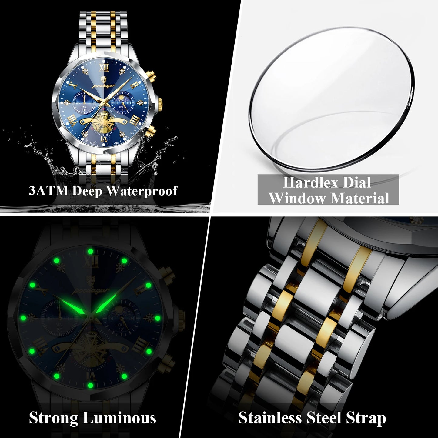 POEDAGAR Luxury Men’s Watch – Waterproof, Luminous, Chronograph, Steel Quartz Reloj