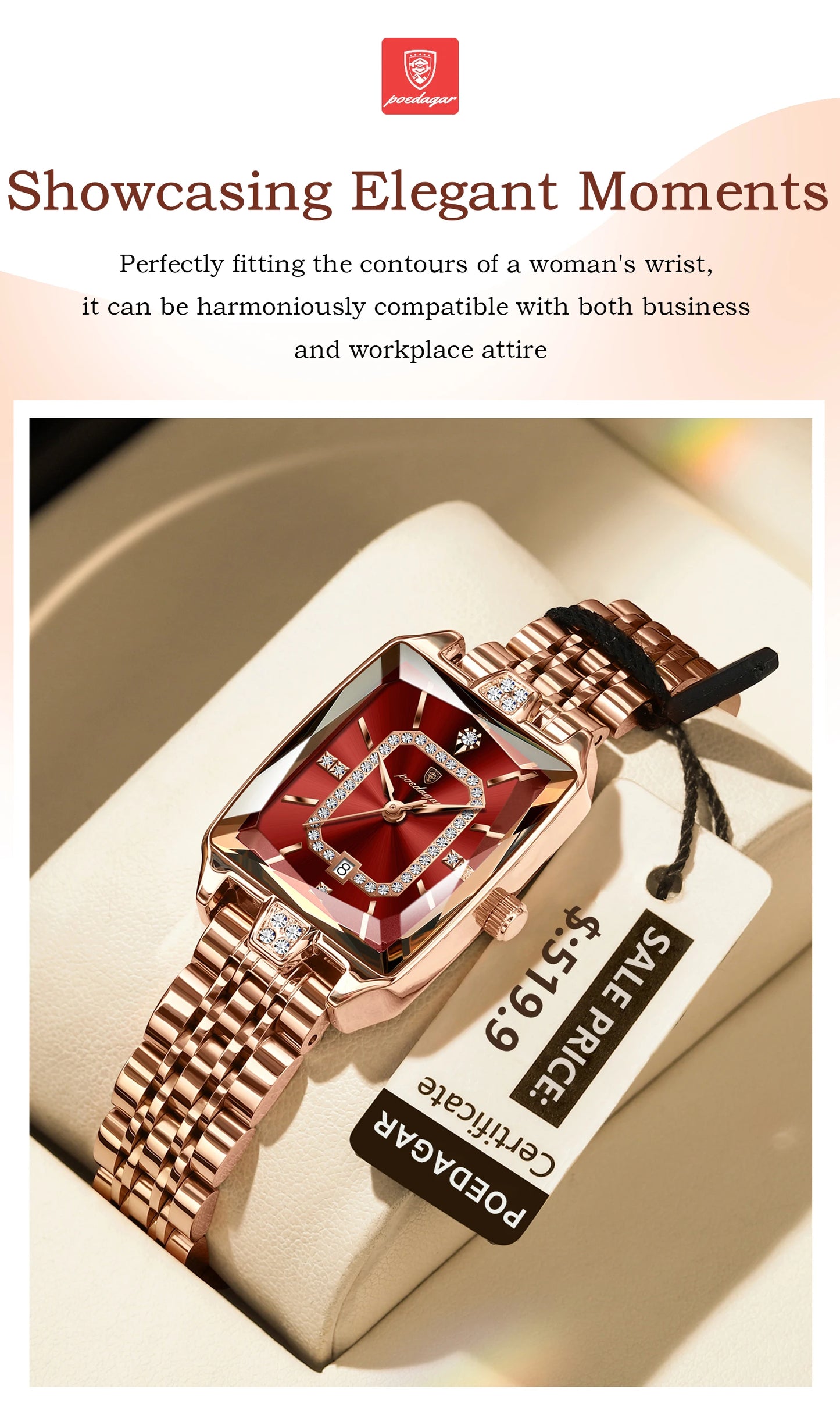 POEDAGAR Elegant Women Watch Waterproof Rectangle Quartz Stainless Steel Date Ladies Reloj