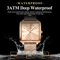 POEDAGAR Elegant Square Women Watch – Waterproof Mesh Stainless Steel Quartz reloj + Box