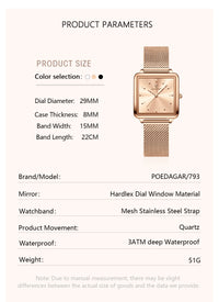 POEDAGAR Elegant Square Women Watch – Waterproof Mesh Stainless Steel Quartz reloj + Box