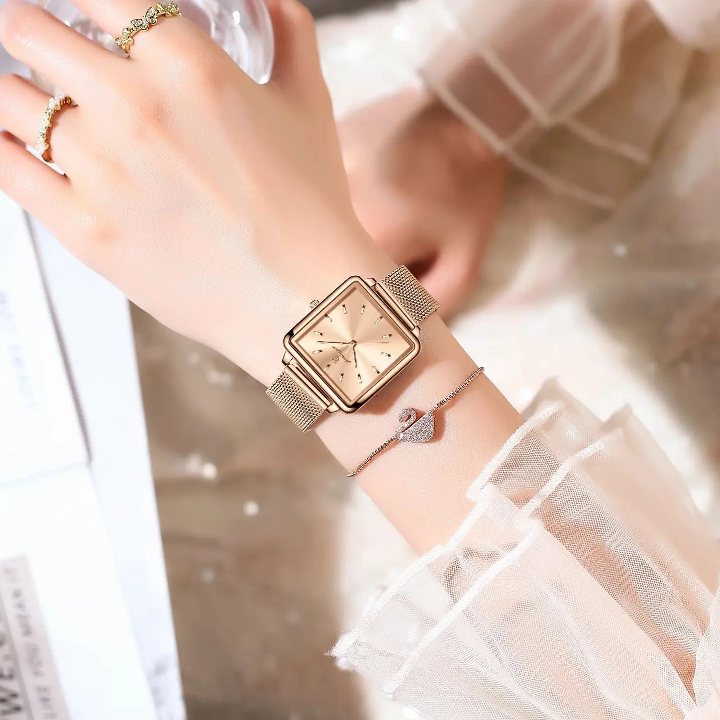 POEDAGAR Elegant Square Women Watch – Waterproof Mesh Stainless Steel Quartz reloj + Box