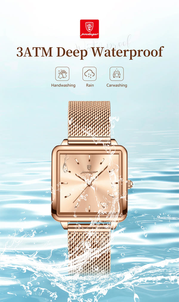 POEDAGAR Elegant Square Women Watch – Waterproof Mesh Stainless Steel Quartz reloj + Box