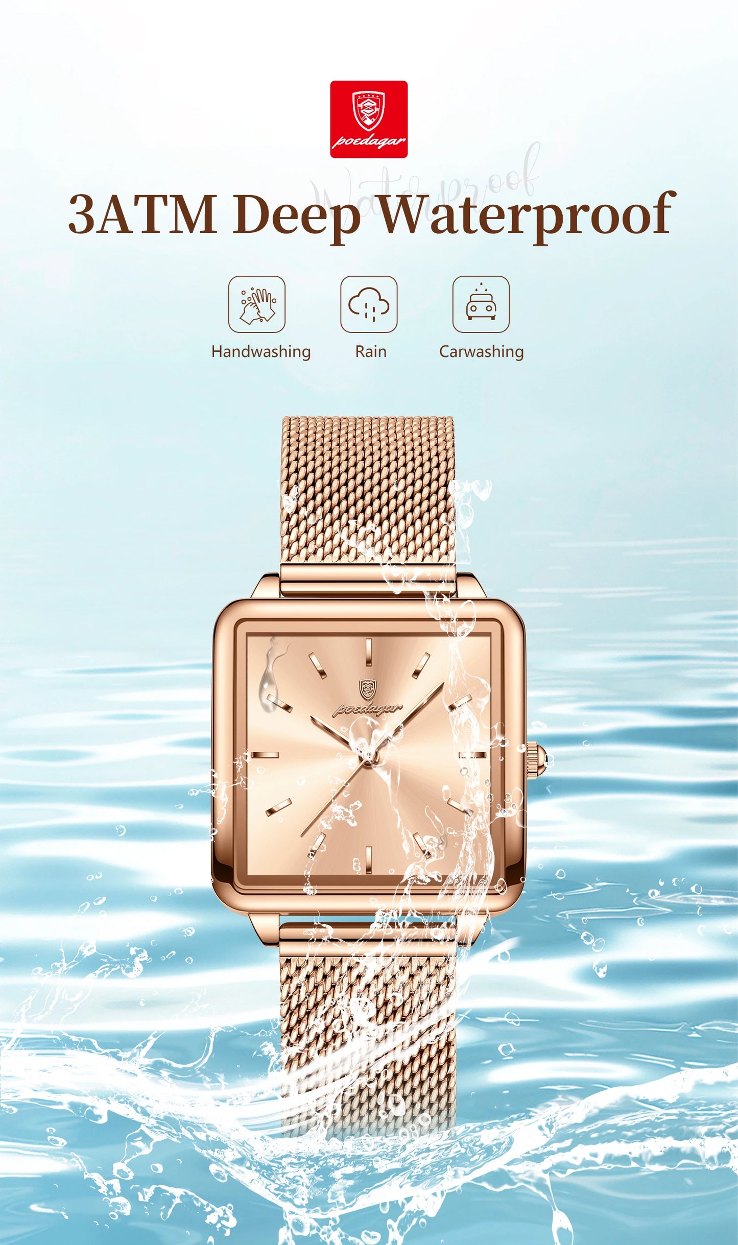 POEDAGAR Elegant Square Women Watch – Waterproof Mesh Stainless Steel Quartz reloj + Box