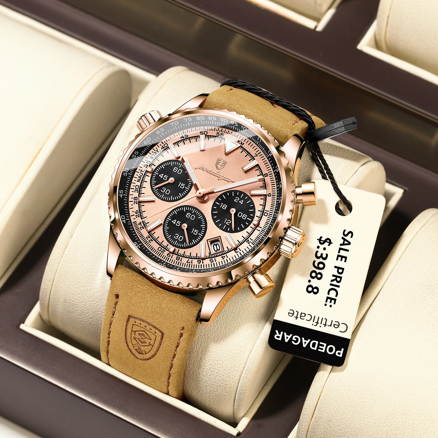 POEDAGAR Luxury Men’s Watch – Military Style, Quartz, Waterproof, Luminous, Date & Chronograph, Leather