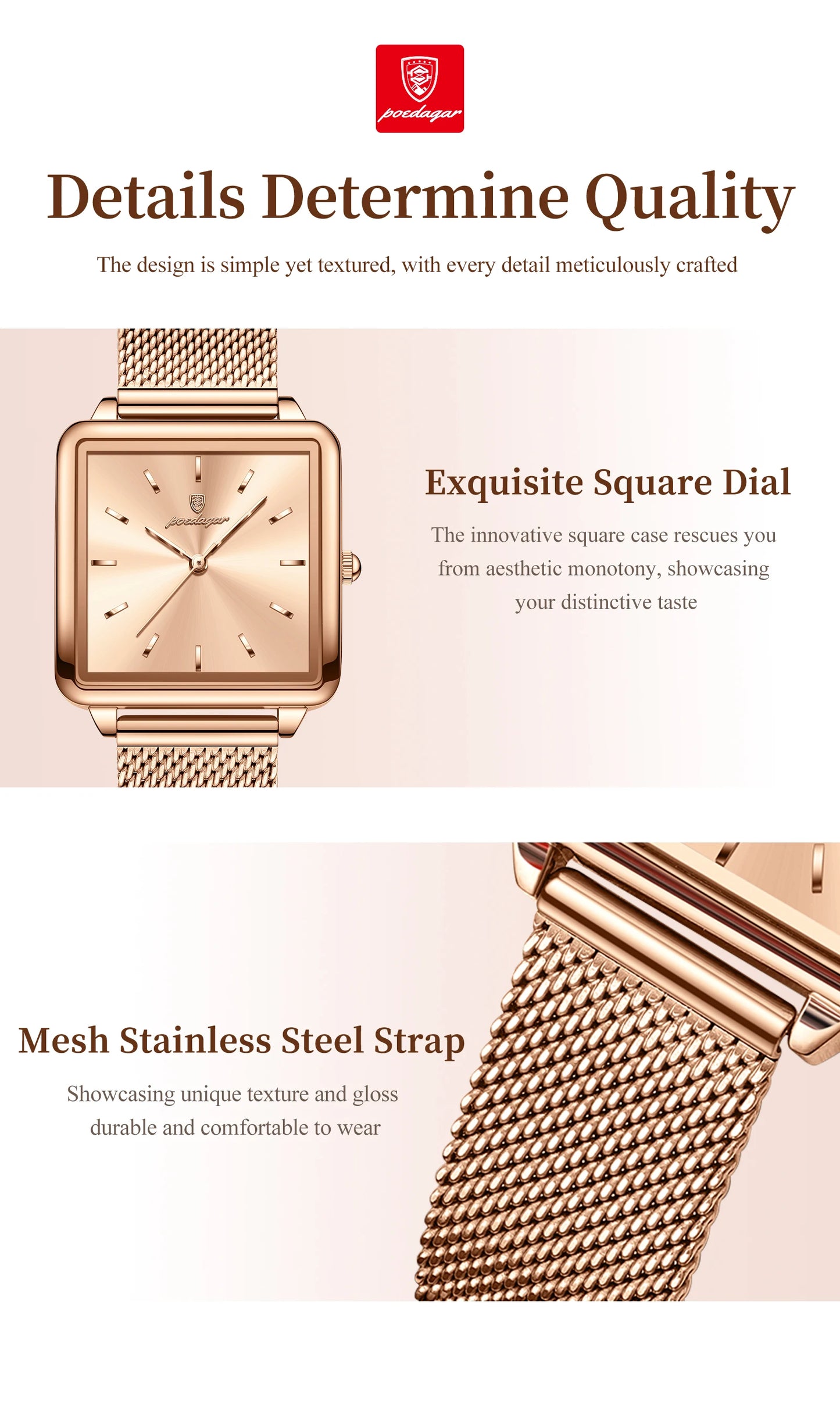 POEDAGAR Elegant Square Women Watch – Waterproof Mesh Stainless Steel Quartz reloj + Box
