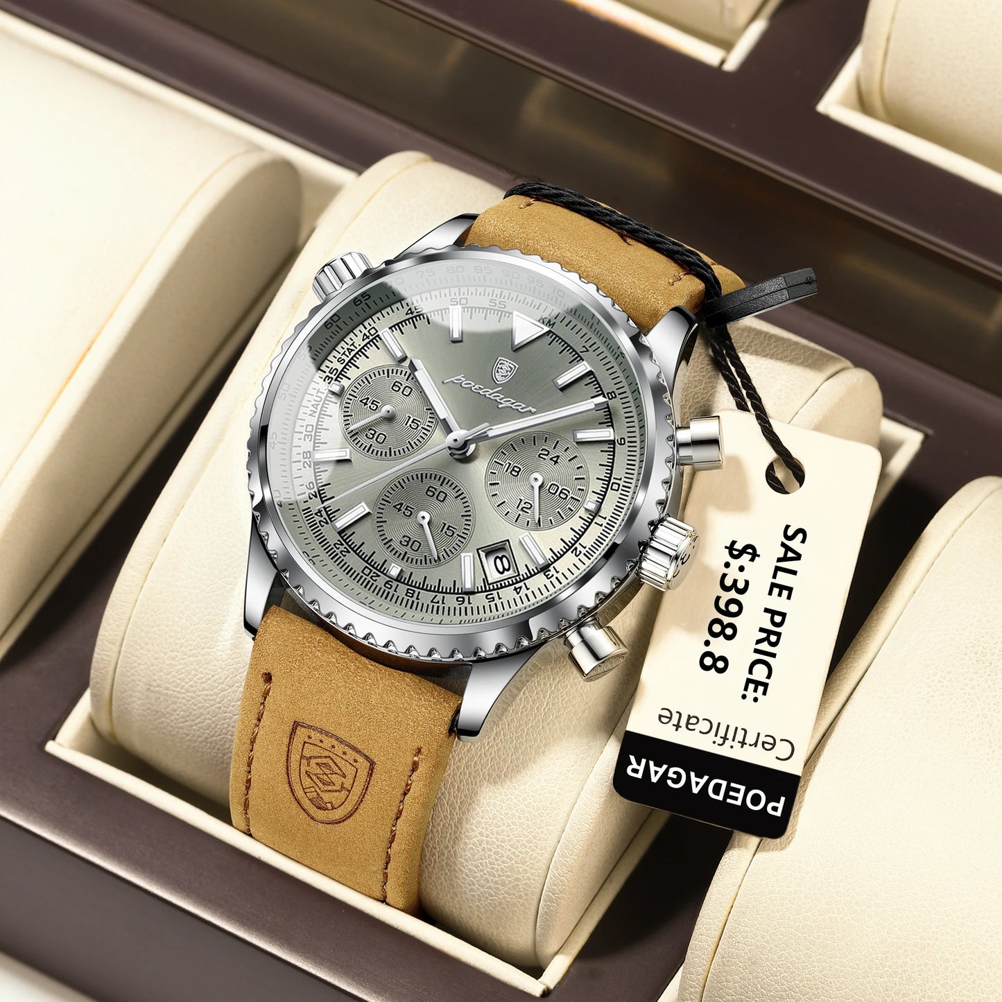 POEDAGAR Luxury Men’s Watch – Military Style, Quartz, Waterproof, Luminous, Date & Chronograph, Leather